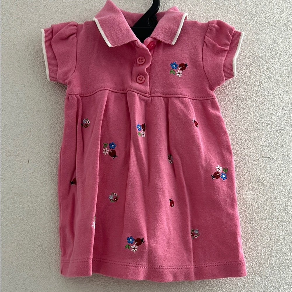 🦋 Carter's Pink Dress with ladybug and Flowers Casual Dress with collar. 3 month